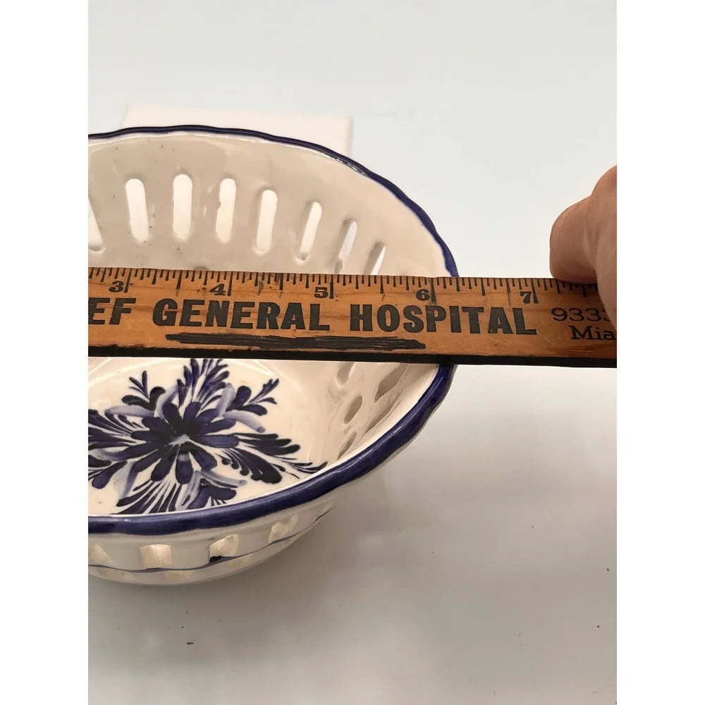 Hand Painted Portugal Pierced Berry Bowl Blue  White Floral Reticulated Strainer